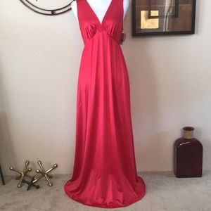 Vintage Cherry Red Silky Long Maxi Nightgown Full Slip Night Dress Lingerie